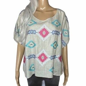 Johnny Was JWLA Shiri Linen Embroidered Aztec Lagenlook Top Small